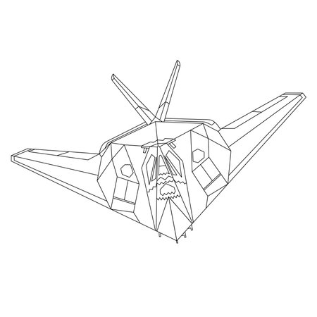 Lockheed F-117 Nighthawk Outline Illustration. Fighter Jet F117 Coloring Book For Children And Adults. Military Aircraft Vector. Cartoon Airplane Isolated on White Backgroundのイラスト素材