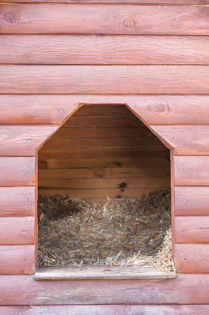 Entrance to a wooden dog house with hay inside.の写真素材