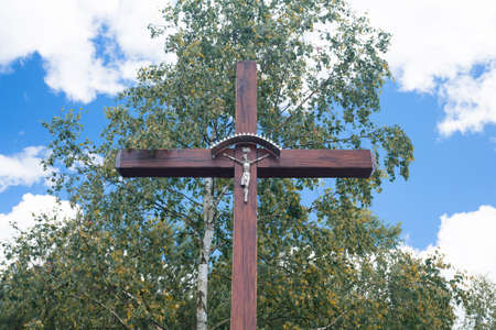 Rural chapel christian cross field woodsの写真素材