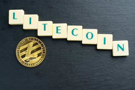 Physical Litecoin gold coin with text made out of letter tiles. Cryptocurrency decline or bear market. Copy space on the top bottom.の写真素材