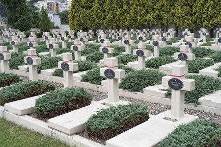 Lviv, Ukraine - July 2, 2019: Polish war graves from PolishâUkrainian war on Cemetery of the Defenders of Lviv.のeditorial素材