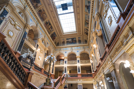 Lviv, Ukraine - July 2, 2019: Ornate interior of Solomiya Krushelnytska Lviv State Academic Theatre...
