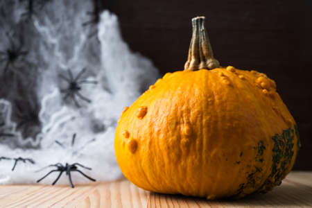 Orange halloween pumpkin on a wooden table background. Spooky spiders with web.の写真素材