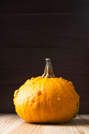 Orange halloween pumpkin on a wooden table background. Vertical orientation. Copy space ath the top.の写真素材