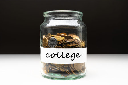 Coins in a jar with college text on a white label. Savings abstract concept. Copy space.