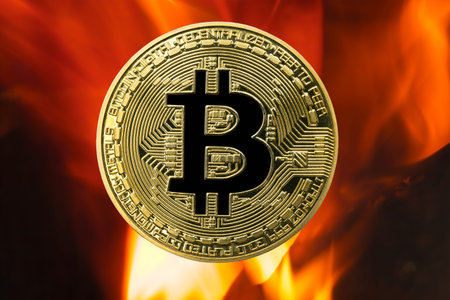 Physical Bitcoin gold coin (BTC) with fire or flame background. Cryptocurrency bull market growth...