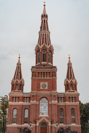 Lodz, Poland - September 27, 2020: Front facade of Church of the Most Holy name of Jesus in city of ÅÃ³dÅº, Polandのeditorial素材