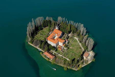 The Franciscan monastery of Our Lady of Mercy on the isle of Visovac, aerial viewの写真素材