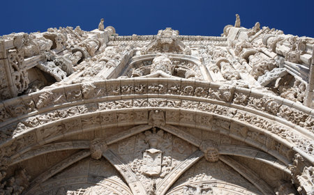 detail of the main facade of the Jeronimos Monastery in Belem Lisbon