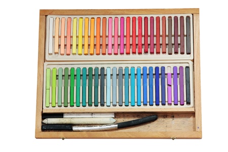 box of wood charcoal and pastel paintings difuminador trimmed and isolatedの写真素材