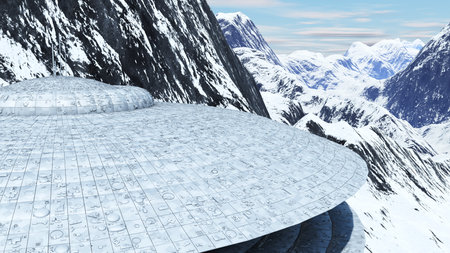 ovni among the snowy mountains of the earth 3d renderingの写真素材