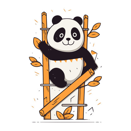 Cute panda bear sitting on a wooden fence. Vector illustration.のイラスト素材