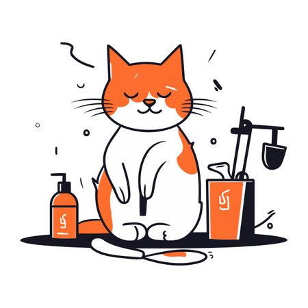 Vector illustration of a red cat sitting on the floor and washing dishes.のイラスト素材