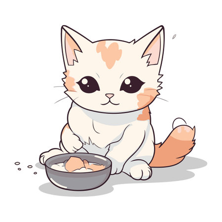 Cute cartoon cat with a bowl of food. Vector illustration.のイラスト素材