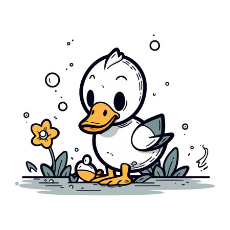 Duckling with a watering can and flowers. Vector illustration.のイラスト素材