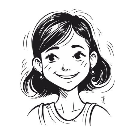 Portrait of a smiling girl. Vector illustration in black and white.のイラスト素材