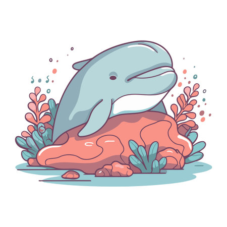 Cute cartoon whale on coral reef. Vector illustration in flat style.のイラスト素材