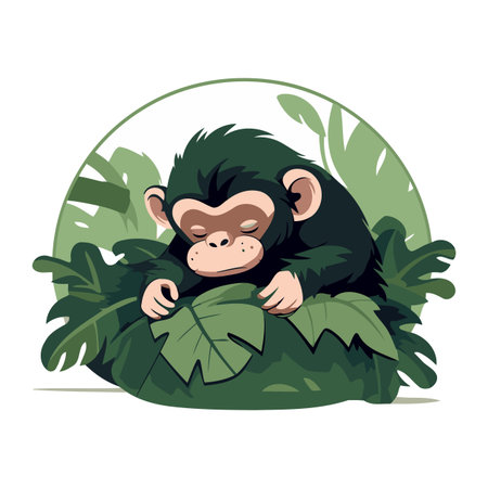 Chimpanzee sitting on a leaf. Vector illustration in cartoon style.のイラスト素材