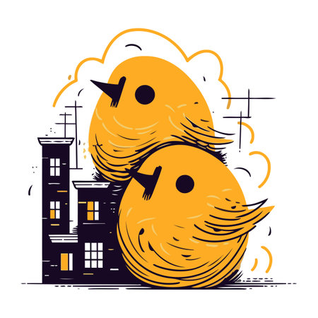 Vector illustration of two cute yellow chickens with houses in the background.のイラスト素材