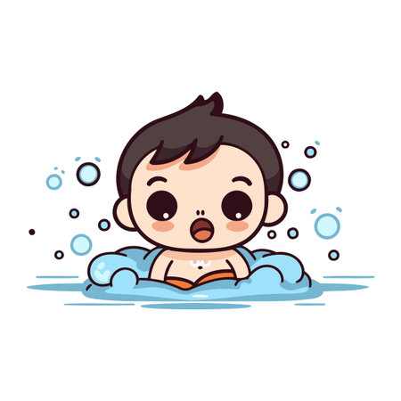 Cute little baby boy swimming in the pool. Vector illustration.のイラスト素材