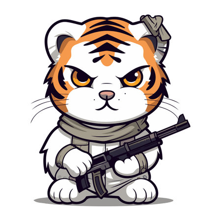 Cute tiger in a bandana with a gun. Vector illustrationのイラスト素材