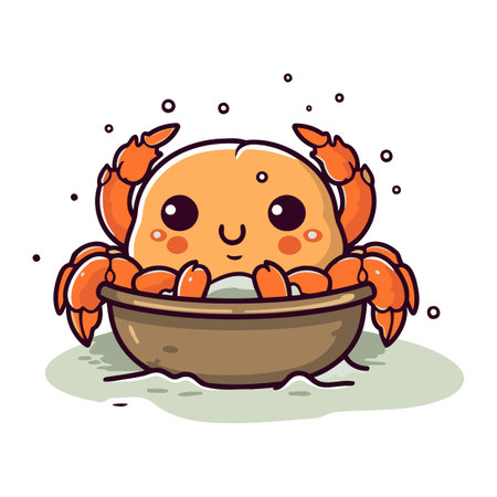 Cute cartoon crab in bowl. Vector illustration isolated on white background.のイラスト素材