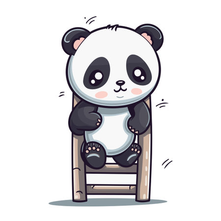 Cute cartoon panda sitting on wooden chair. Vector illustration.のイラスト素材