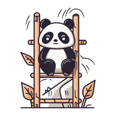 Cute panda bear sitting on ladder. Vector illustration in cartoon style.のイラスト素材