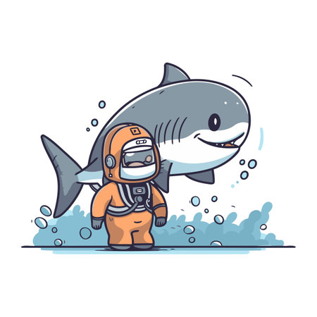 Cute cartoon shark in spacesuit and helmet. vector illustration.のイラスト素材