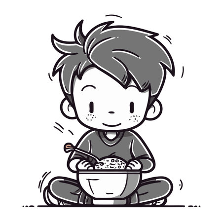 Illustration of a Kid Boy Eating a Bowl of Cereals.のイラスト素材