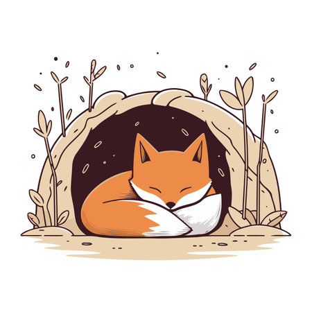Cute fox sleeping in the chimney. Vector cartoon illustration.のイラスト素材