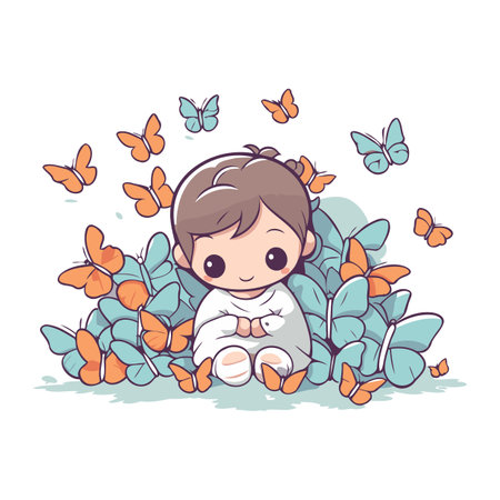 Cute little boy sitting on the ground surrounded by butterflies. Vector illustration.のイラスト素材