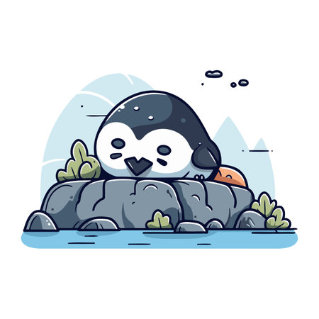 Cute penguin on the rock. Vector illustration in cartoon style.のイラスト素材