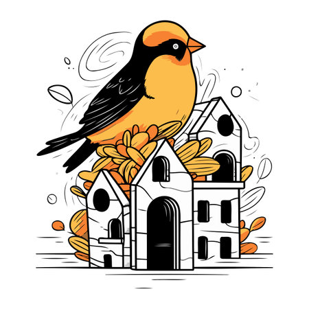 Vector illustration of a cute little bird sitting on the roof of the house.のイラスト素材