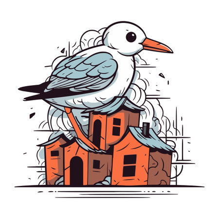 Vector illustration of a seagull sitting on the roof of a houseのイラスト素材