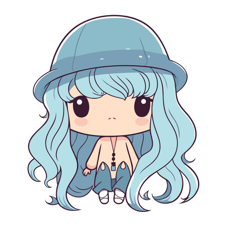 Cute cartoon girl with long hair and hat. Vector illustration.のイラスト素材