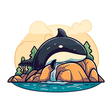 Cute cartoon killer whale on a rock in the ocean. Vector illustration.のイラスト素材
