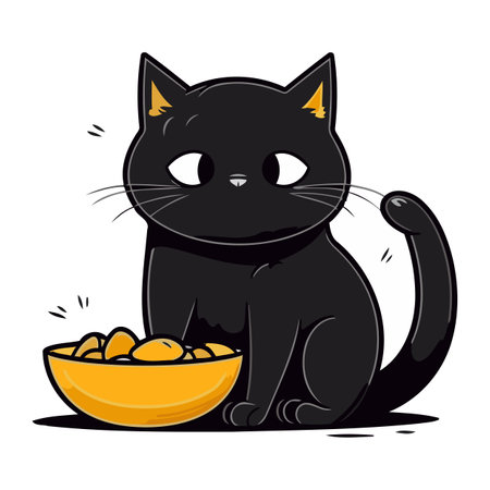 Cute black cat with a bowl of eggs. Vector illustration.のイラスト素材