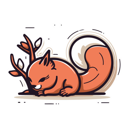 Cute cartoon squirrel sleeping on the tree branch. Vector illustration.のイラスト素材