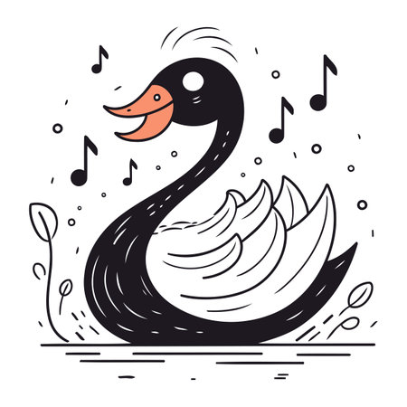 Swan with musical notes. Vector illustration in doodle style.のイラスト素材