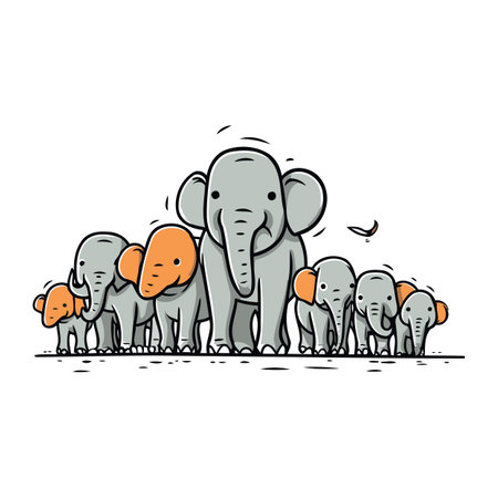 Family of elephants with their baby. Vector illustration in doodle style.のイラスト素材