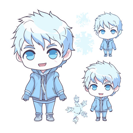 Cute boy and girl in winter clothes with snowflakes.のイラスト素材