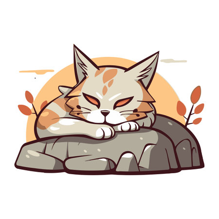 Cute cat sleeping on a rock. Vector illustration in cartoon style.のイラスト素材