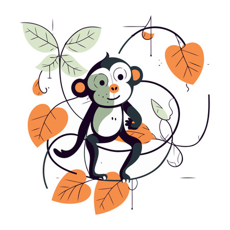 Cute monkey sitting on a branch with leaves. Vector illustration.のイラスト素材