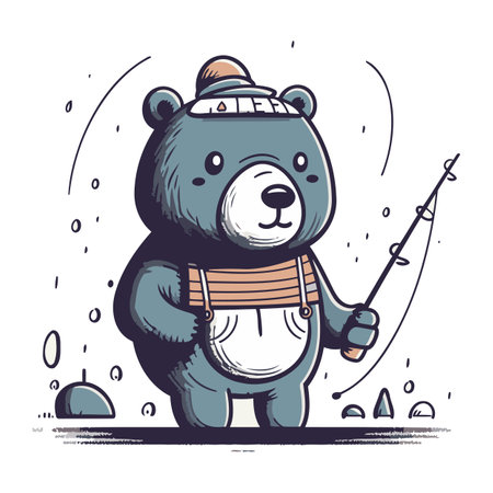 Cute bear with fishing rod. Vector illustration in cartoon style.のイラスト素材