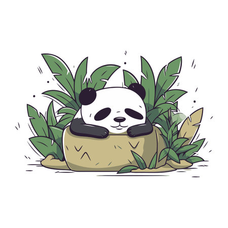 Cute panda sitting on a stone in the jungle. Vector illustration.のイラスト素材