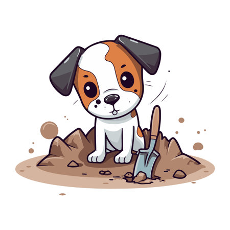 Cute cartoon dog digging a hole with a shovel. Vector illustration.のイラスト素材