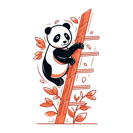 Cute panda bear climbing on a ladder. Vector illustration.のイラスト素材