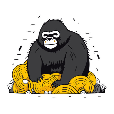 Gorilla sitting on a pile of gold coins. Vector illustration.のイラスト素材