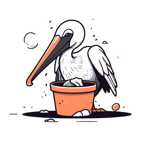 Pelican sitting on a pot of water. Vector illustration.のイラスト素材